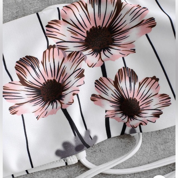 Strapless Bikini Top Striped Floral Lace Up Back - Picture 5 of 5